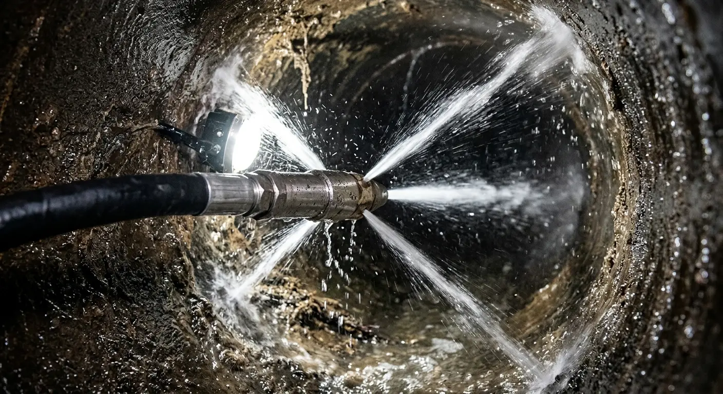 High-pressure hydro jetting nozzle cleaning sewer pipe for Sewer Cleanout in Severance
