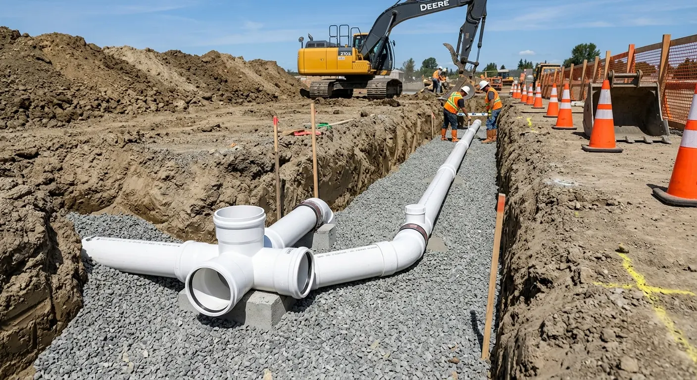 New PVC sewer pipe installation in open trench for Sewer Backup in Severance