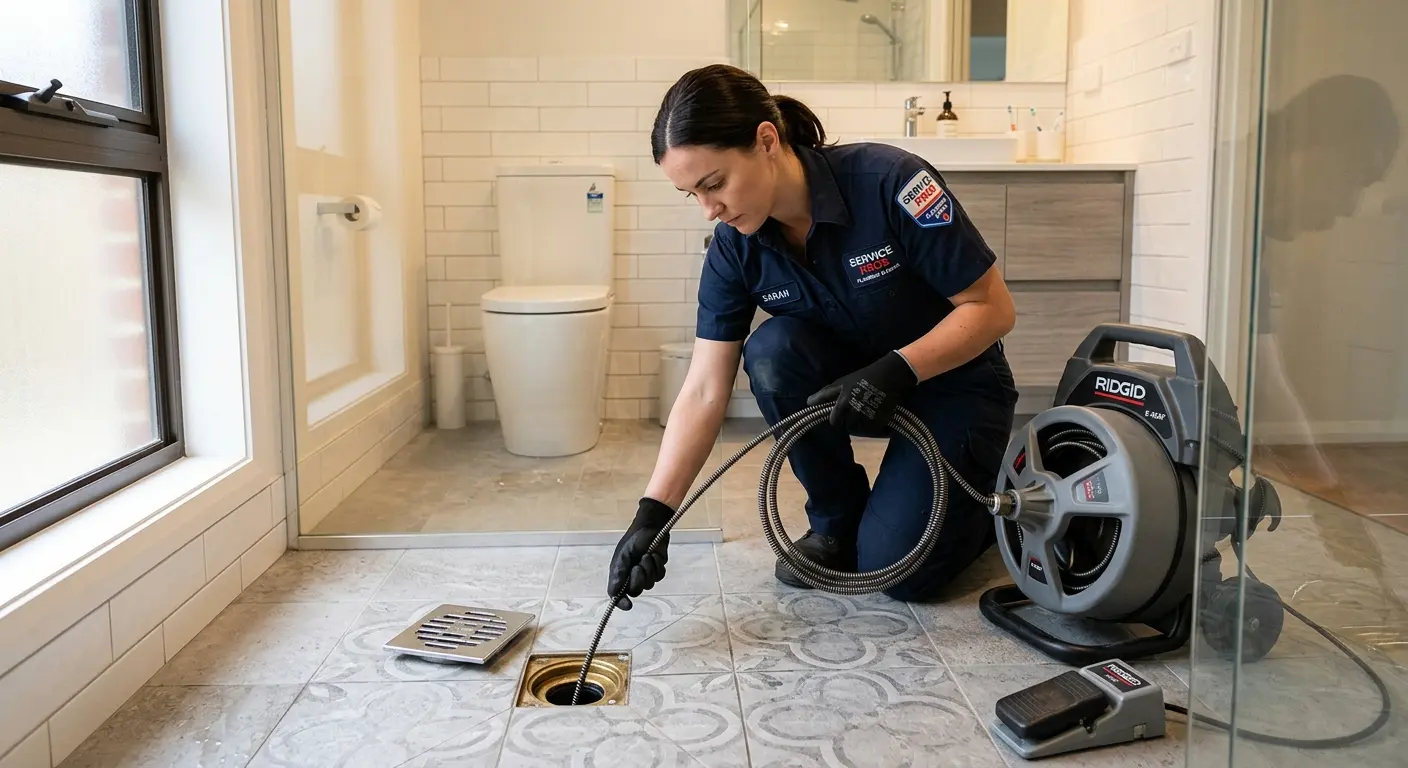 Technician clearing a bathroom floor drain for Hydro Jetting in Severance
